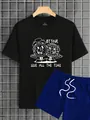 Detail of black t-shirt with disco ball print and navy drawstring shorts set - S / Black T-Shirt Blue Shorts
