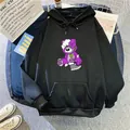 Sudadera negra oversize para mujer con estampado de oso morado y bolsillo de canguro - S / Negro