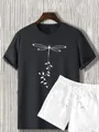 Detail of grey dragonfly print T-shirt and white drawstring shorts summer set - S / Gray T-Shirt White Shorts