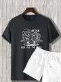 Detail of dark grey t-shirt with retro cartoon graphic and white drawstring shorts - S / Gray T-Shirt White Shorts