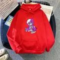 Sudadera oversize roja con capucha, estampado de oso violeta y bolsillo canguro - S / Rojo