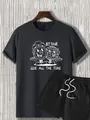 Detail view of dark grey T-shirt with cartoon earth print and black drawstring shorts - S / Gray T-Shirt Black Shorts