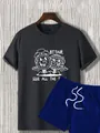 Detail of short sleeve T-shirt and drawstring shorts set with cartoon graphic print - S / Gray T-Shirt Blue Shorts