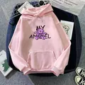 Detail of pink hoodie featuring a purple angel bear print and MY ANGEL typography text - S / Dark Pink