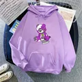 Detail of lavender oversized hoodie featuring a purple cartoon bear print and front pocket - S / Light Purple