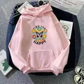 Detail of pink hooded sweatshirt with butterfly daisy print and Find The Happy text - S / Dark Pink