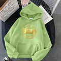 Oversized apple green fleece hoodie with gold circular print and kangaroo pocket - S / Grass Green