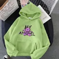Light green oversized hoodie with pink angel bear print and kangaroo pocket for women - S / Grass Green