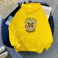 Detail of yellow hoodie with butterfly and daisy print and Find the Happy slogan - S / Yellow