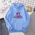 Flatlay of sky blue oversized hoodie featuring pink angel bear print and kangaroo pocket - S / Sky Blue