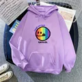 Detailed view of purple hoodie with rainbow smiley face print and kangaroo pocket design - S / Light Purple