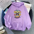 Detail of lavender hoodie featuring a butterfly and daisy print with happy slogan - S / Light Purple