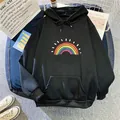 Detail of black fleece hoodie featuring a rainbow print, drawstring hood, and pocket - S / Black