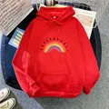 Detail of red drawstring hoodie with colorful rainbow print and front kangaroo pocket - S / Red