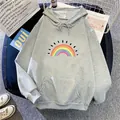 Flat lay of light grey fleece hoodie with rainbow print and large kangaroo pocket detail - S / Light Gray