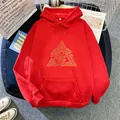 Oversized red hoodie featuring golden Eye of Horus graphic with front kangaroo pocket - S / Red