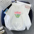 Oversize weißer Fleece Hoodie mit Tulpendruck und Kängurutasche in Flachlage - S / Weiß