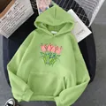 Oversize light green hoodie for women with pink tulip print and kangaroo pocket - Grass Green
