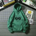 Detail of dark green hoodie featuring MAMA heart print and kangaroo pocket design - Dark Green