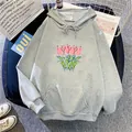 Detail van grijze oversized hoodie met roze tulpenprint en verstelbaar trekkoord - S / Lichtgrijs