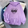 Detailed view of Mama heart print and kangaroo pocket on light purple oversize hoodie - Light Purple