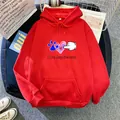 Detail of red drawstring hoodie featuring I love dogs text and cute cartoon dog paw print - S / Red