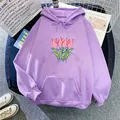 Detailed view of lavender hoodie featuring tulip print and spacious kangaroo pocket - Light Purple