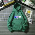 Detail of green hoodie with kangaroo pocket and 'I love dogs the most' cartoon print - S / Dark Green