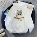 Oversized weißer Kapuzenpullover für Damen mit niedlichem Eulenprint und Kängurutasche - S / Weiß