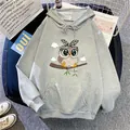 Grauer Oversize-Hoodie für Damen mit Cartoon-Eulen-Print und Kängurutasche - S / Hellgrau