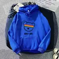 Detailed view of blue hoodie featuring a rainbow bear graphic and kangaroo pocket - S / Royal Blue