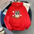 Oversize-Hoodie in Rot mit Cartoon-Eulen-Print, Leoparden-Schleife und Kängurutasche - S / Rot
