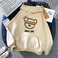 Oversized beige hoodie for women with rainbow bear graphic and cozy front pocket - S / Apricot