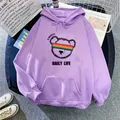 Detailed view of light purple hoodie with cartoon bear and rainbow lettering - S / Light Purple