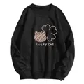Women's black round neck sweatshirt with Lucky Cat print and clover detail - S / Black