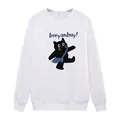 Détail du sweat-shirt blanc avec imprimé chat noir mignon et étiquette de taille L - S / Blanc