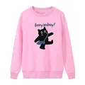 Sweat rose à col rond pour femme avec imprimé chat noir mignon et bords côtelés - S / Rose