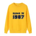 Bright yellow crew neck sweatshirt featuring 'CLASS OF 1987' printed text design - S / Yellow