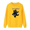 Sweat-shirt jaune vif à col rond avec imprimé chat de dessin animé et poignets - S / Jaune