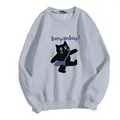 Loose light grey crewneck sweatshirt with a cartoon black cat print and ribbed trim - S / Gray