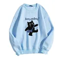 Light blue crewneck sweatshirt featuring a cute black cat cartoon print and beeyanbuy text - S / Sky Blue