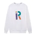 White crewneck sweatshirt with colorful geometric print and yellow smiley face graphic - S / White
