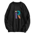 Detail of black crewneck sweatshirt with colorful R letter and yellow smiley face print - S / Black