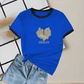 T-shirt blu reale da donna con stampa a cuore e grafica Goodluck stile Ringer - Taglia S / Blu Reale Nero
