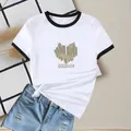 Close-up of GOODLUCK heart print on white crew neck t-shirt with contrast collar - S / White Black