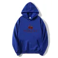 Detail of Klein blue hoodie showing cherry print, drawstring hood, and inner size label - S / Dark Blue