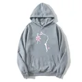 Grauer Oversize-Kapuzenpullover mit weißer Katzenkontur und rosa Kirschblütendruck - S / Grau
