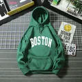Detail of dark green hoodie with BOSTON college lettering and kangaroo pocket - Dark Green