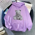 Oversized purple fleece hoodie with 3D bear graphic and front pocket for women - S / Light Purple