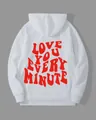 Detail of white fleece hoodie featuring red Love You Every Minute graphic print on back - S / White